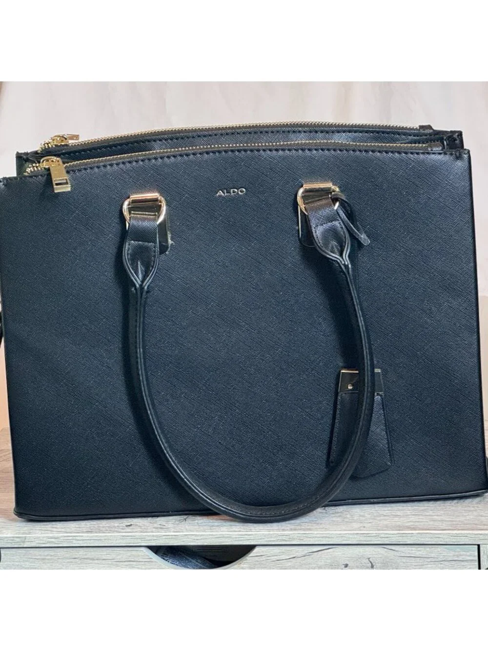ALDO Black Structured Satchel Shoulder Bag Crossbody Gold Hardware Purse